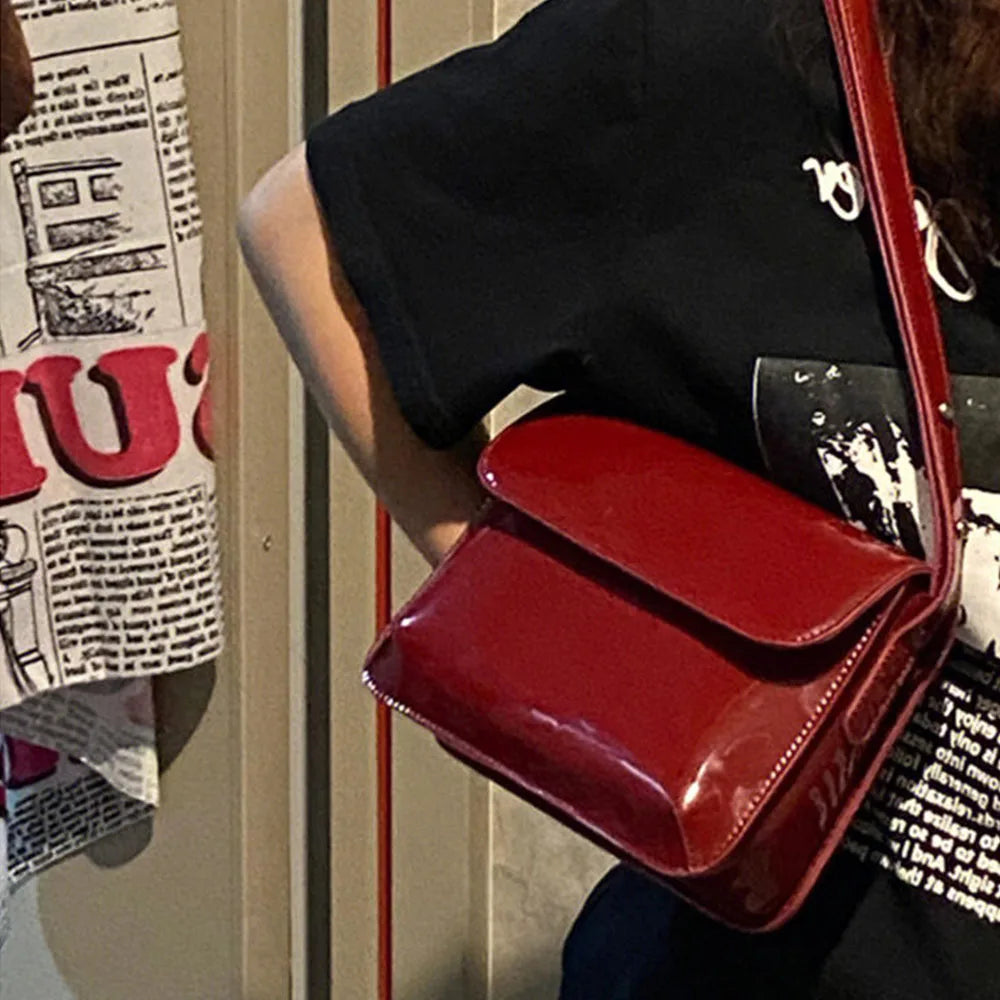 Retro Red Patent Leather Handbags Women Shoulder Bag