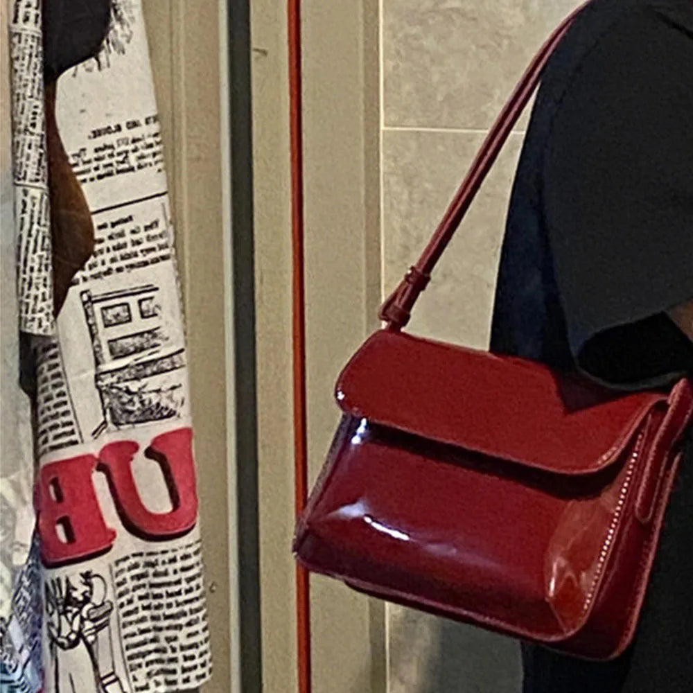 Retro Red Patent Leather Handbags Women Shoulder Bag